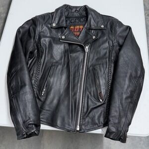 Hot Leathers Black Pebbled Leather Motorcycle Biker Jacket Braided Trim womans M